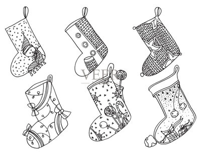 一套圣誕襪。矢量程式化的冬天襪子的集合。一整套裝飾圣誕絲襪。手工繪制的黑色和白色。涂鴉藝術矢量圖素材下載 - Veer圖庫